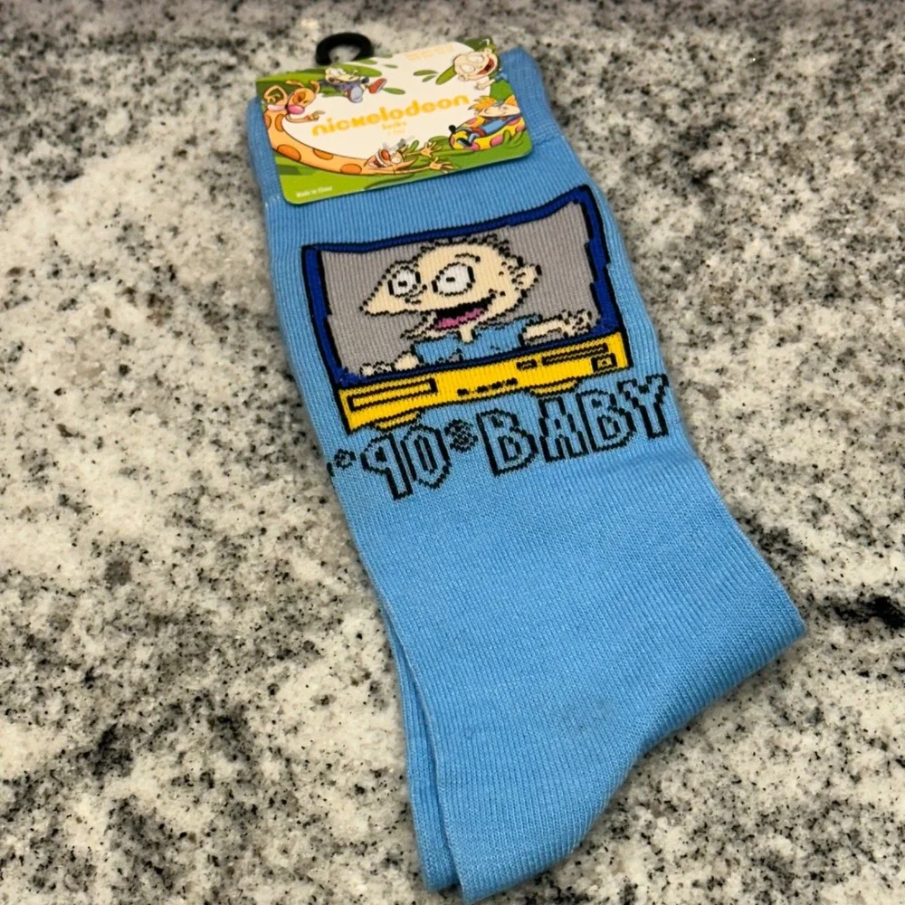 Nickelodeon Mens‎ 10-13 Crew Socks Blue Rugrats Tommy Pickles 90s Baby Retro